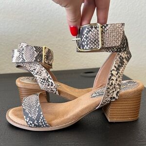 Qupid Snake-Print Block Heel Sandals - Beige Black